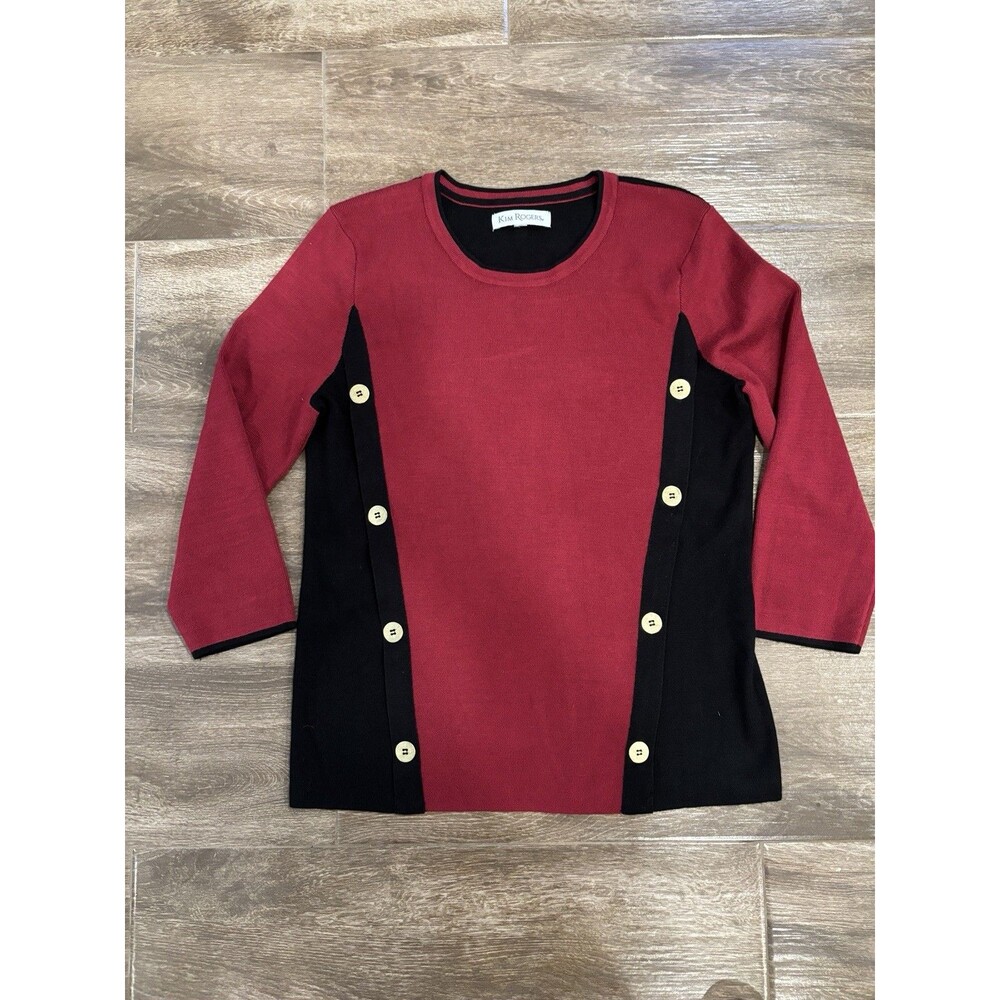 Kim Rodger’s Burgundy Black Buttons Ribbed Sweater 3-4sleeve Color block Holiday